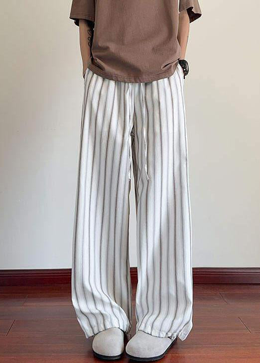 Leg Pockets Waist Elastic Wide Men Cotton Striped White Pants