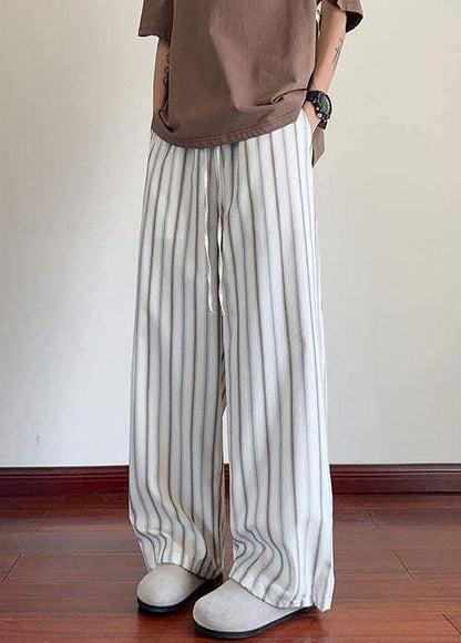 Leg Pockets Waist Elastic Wide Men Cotton Striped White Pants