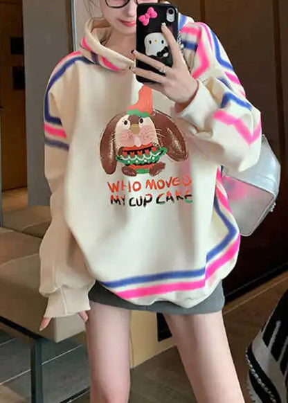 Style Apricot Hooded Cartoon Print Cotton Pullover Streetwear Spring YF006