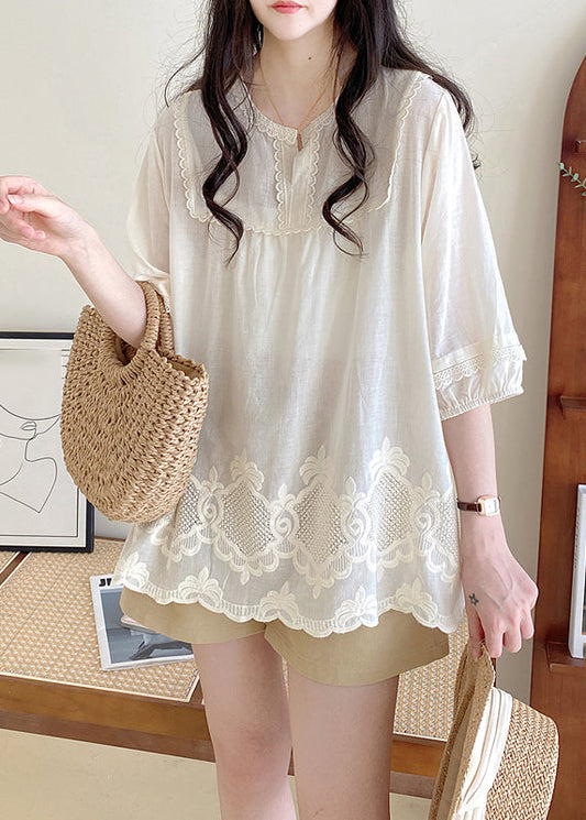 Style Apricot O-Neck Lace Patchwork Hollow Out Shirt Half Sleeve BV016