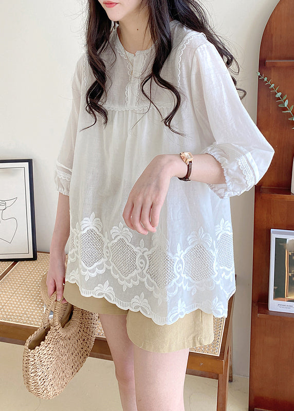 Style Apricot O-Neck Lace Patchwork Hollow Out Shirt Half Sleeve BV016