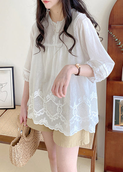 Style Apricot O-Neck Lace Patchwork Hollow Out Shirt Half Sleeve BV016