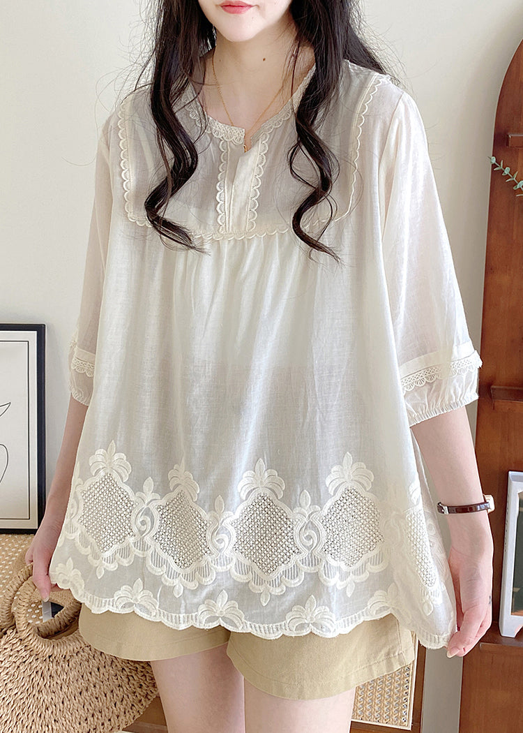 Style Apricot O-Neck Lace Patchwork Hollow Out Shirt Half Sleeve BV016