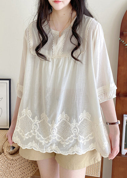 Style Apricot O-Neck Lace Patchwork Hollow Out Shirt Half Sleeve BV016
