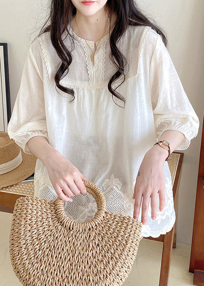 Style Apricot O-Neck Lace Patchwork Hollow Out Shirt Half Sleeve BV016