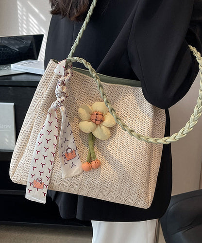 Straw Capacity Shoulder Woven Bag Beige Large Style