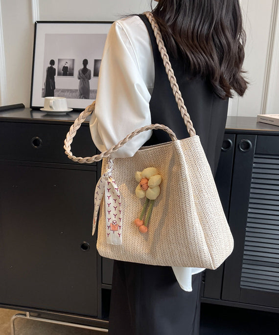 Straw Capacity Shoulder Woven Bag Beige Large Style