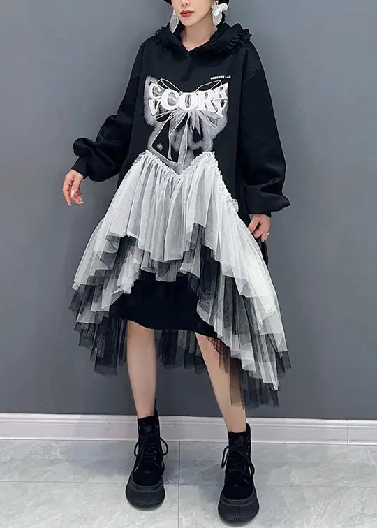 Style Black Hooded Wrinkled Asymmetrical Tulle Patchwork Cotton Dresses Fall Ada Fashion