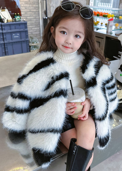 Style Black O-Neck Black White Striped Kids Mink Hair Coats WinterTG023