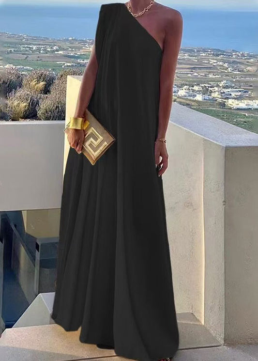 Shoulder Summer Black Dresses Party One Style Cotton Long