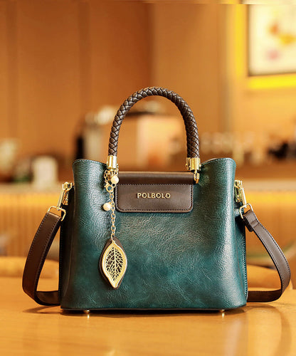 Durable Solid Black Leather Calf Handbag Style Tote