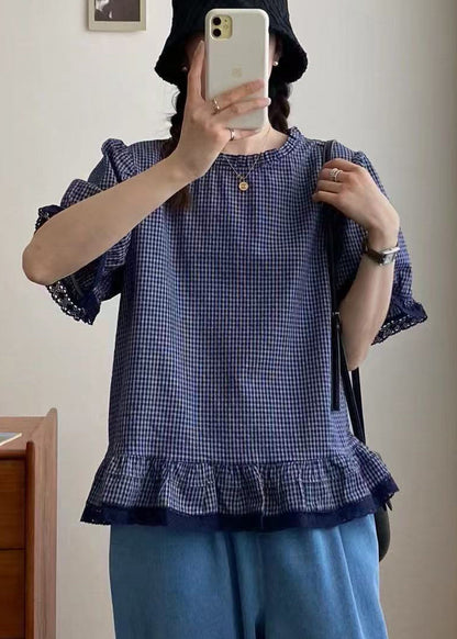 Plaid Top Blue Lace Summer Patchwork Style