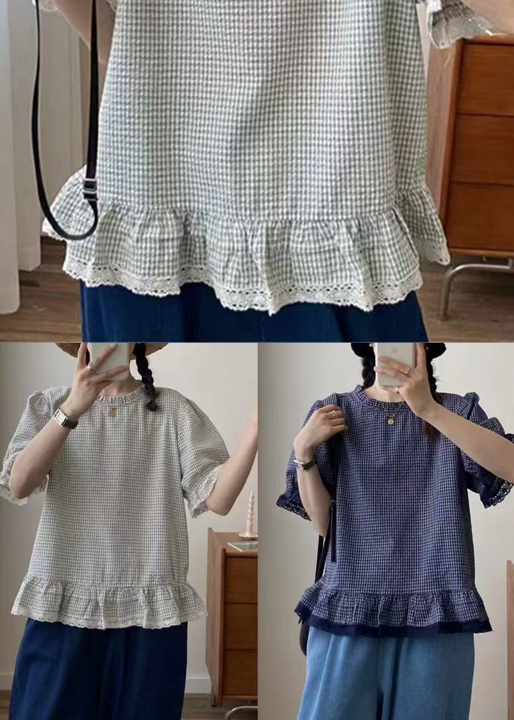 Plaid Top Blue Lace Summer Patchwork Style