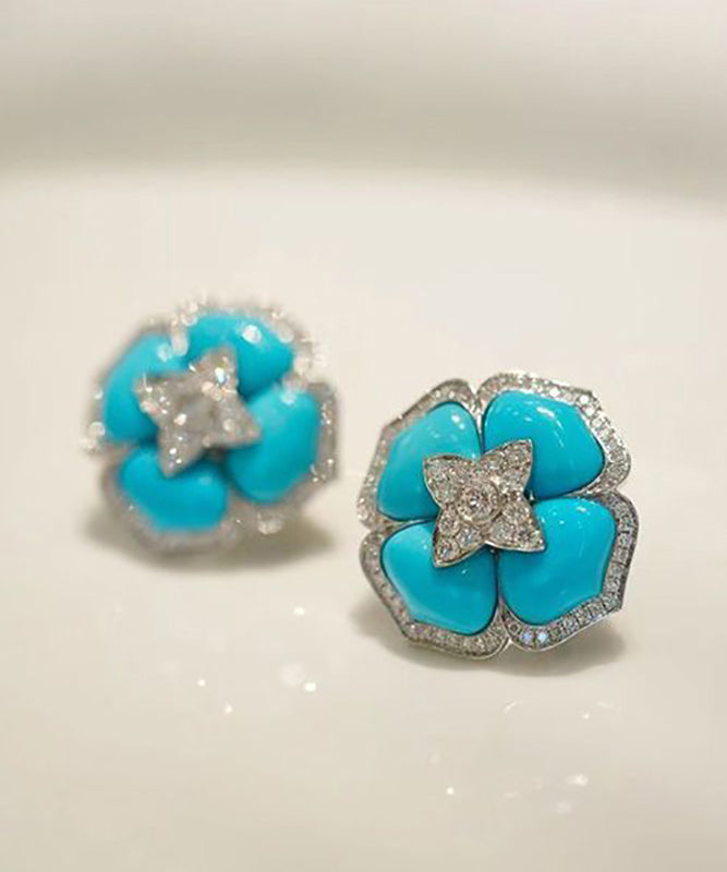 Style Blue Sterling Silver Zircon Turquoise Stud Earrings RA001