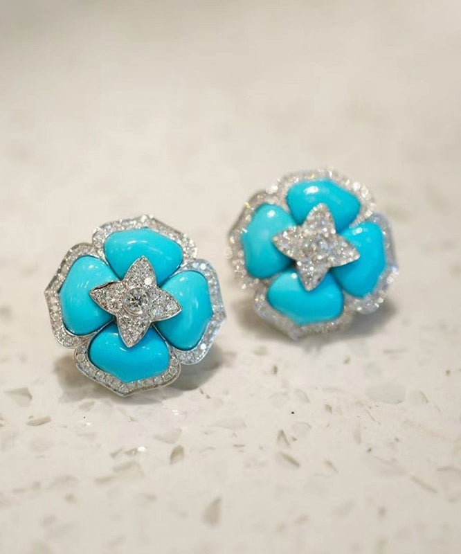 Style Blue Sterling Silver Zircon Turquoise Stud Earrings RA001