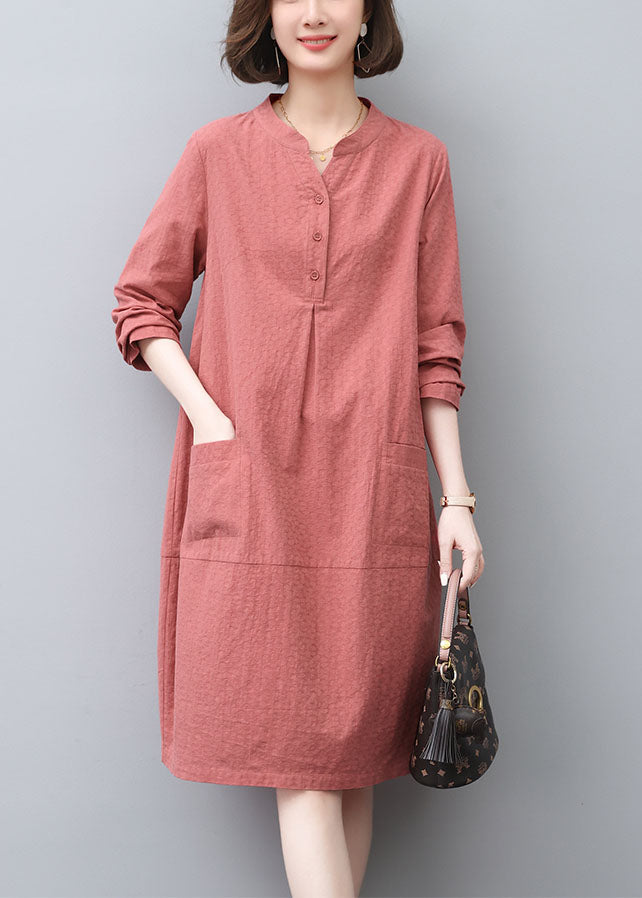 Tea Spring Dress Cotton Pockets Brick Red Style