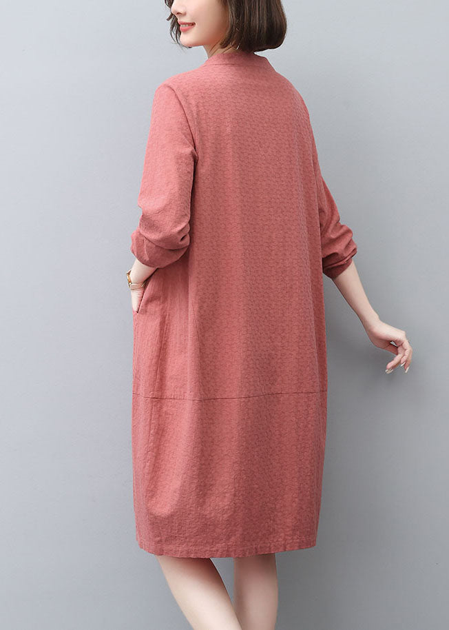 Tea Spring Dress Cotton Pockets Brick Red Style