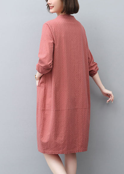 Tea Spring Dress Cotton Pockets Brick Red Style