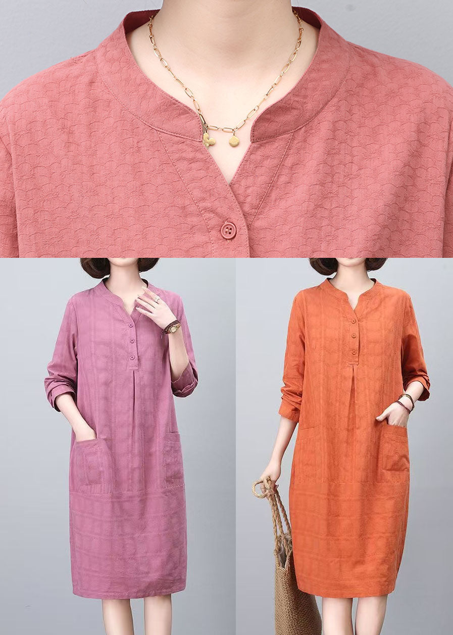 Tea Spring Dress Cotton Pockets Brick Red Style