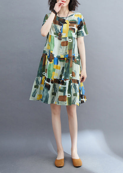 Style Colorblock Ruffled Patchwork Mid Dress Short Sleeve VB1018
