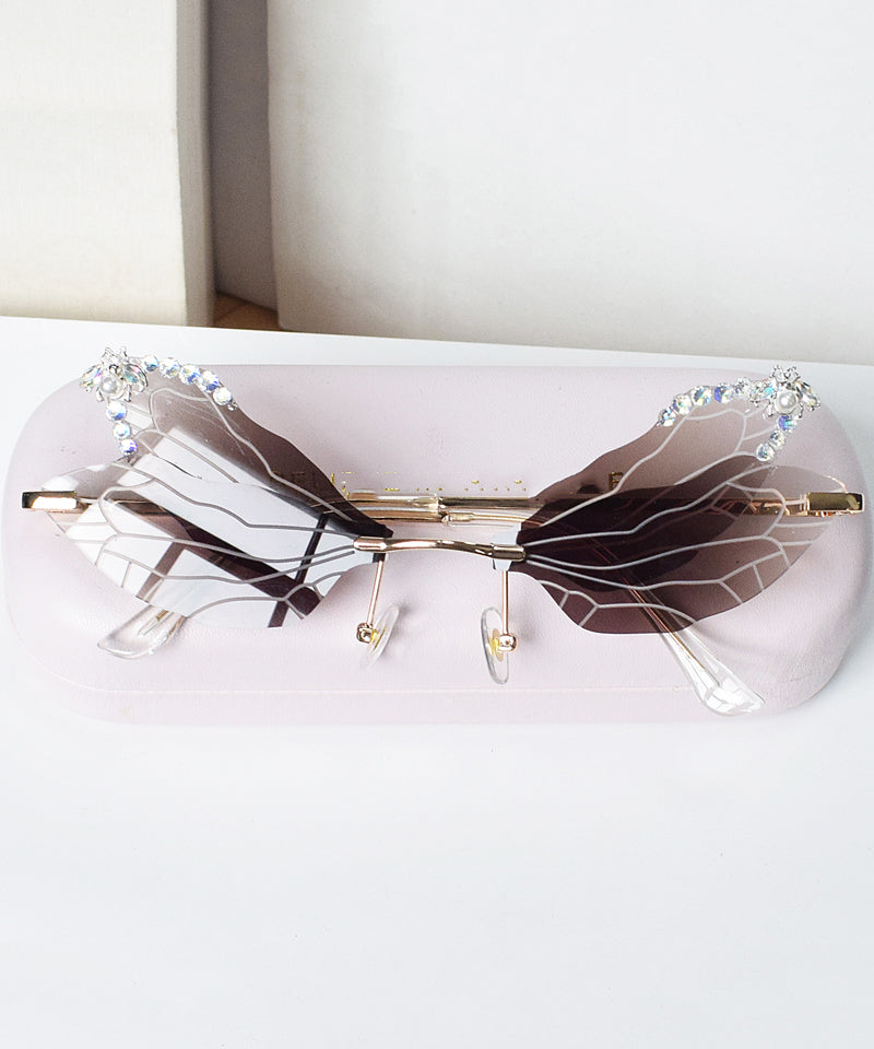 Style Frameless Diamond Inlaid Bee Butterfly Sunglasses Brown XS1085