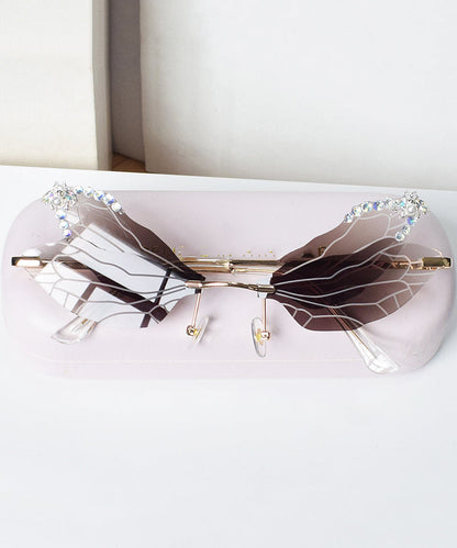 Style Frameless Diamond Inlaid Bee Butterfly Sunglasses Brown XS1085