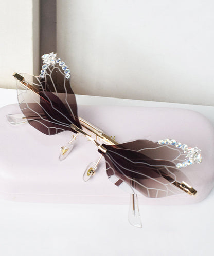 Style Frameless Diamond Inlaid Bee Butterfly Sunglasses Brown XS1085