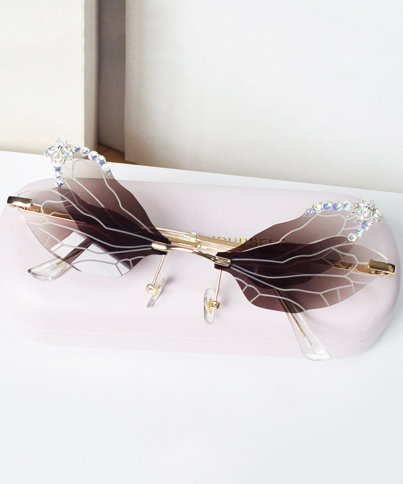 Style Frameless Diamond Inlaid Bee Butterfly Sunglasses Brown XS1085