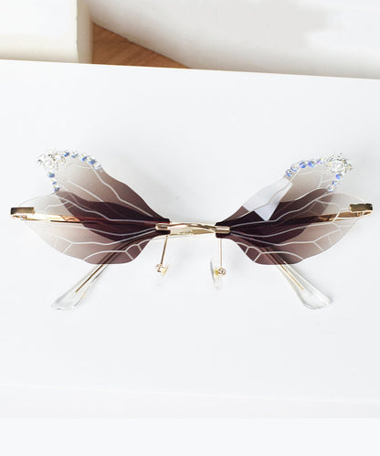 Style Frameless Diamond Inlaid Bee Butterfly Sunglasses Brown XS1085