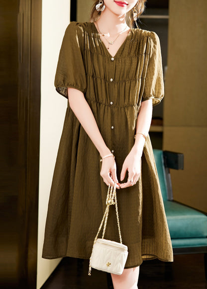 Style Green V Neck Wrinkled Silk Tea Dress Summer YK001