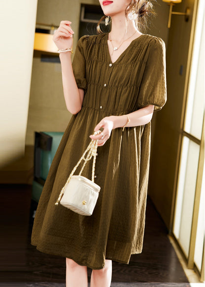 Style Green V Neck Wrinkled Silk Tea Dress Summer YK001