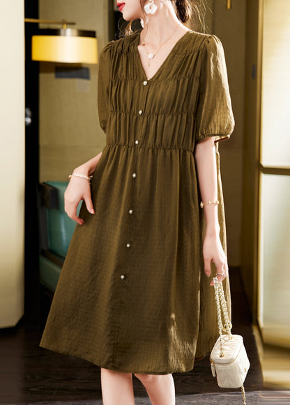 Style Green V Neck Wrinkled Silk Tea Dress Summer YK001