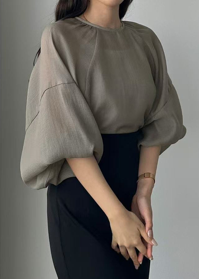 Style Grey Chiffon Tops Oversized Sleeve Sheer Lantern