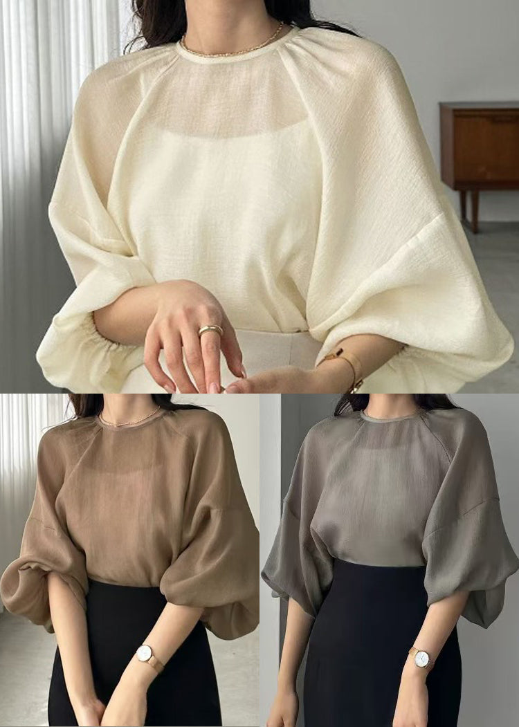 Style Grey Chiffon Tops Oversized Sleeve Sheer Lantern