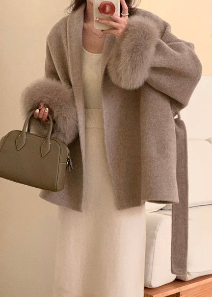 Style Grey Peter Pan Collar Faux Fur Patchwork  Woolen Coat Winter RS019