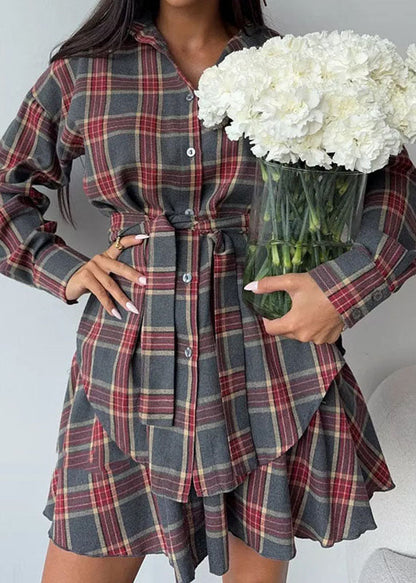 Two Cotton Style Plaid Pieces Ruffled Grey Summer Set
