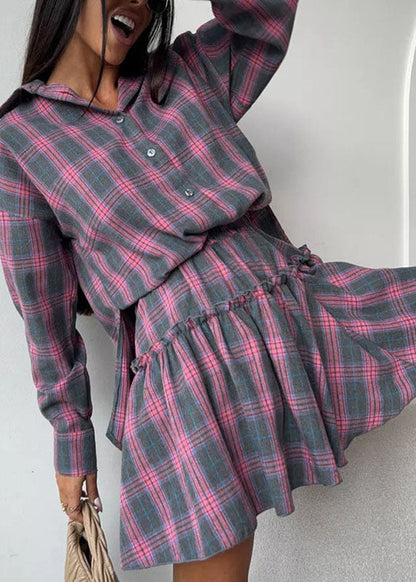 Two Cotton Style Plaid Pieces Ruffled Grey Summer Set