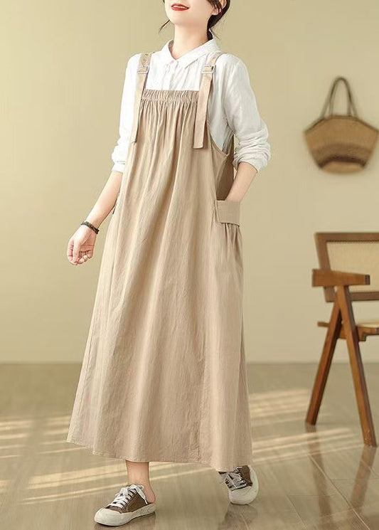 Cotton Summer Cami Oversized Khaki Dress Pockets Style
