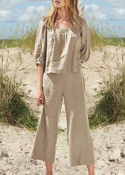 And Top Set Half Collar Pants Two Crop Khaki Square Style Pieces