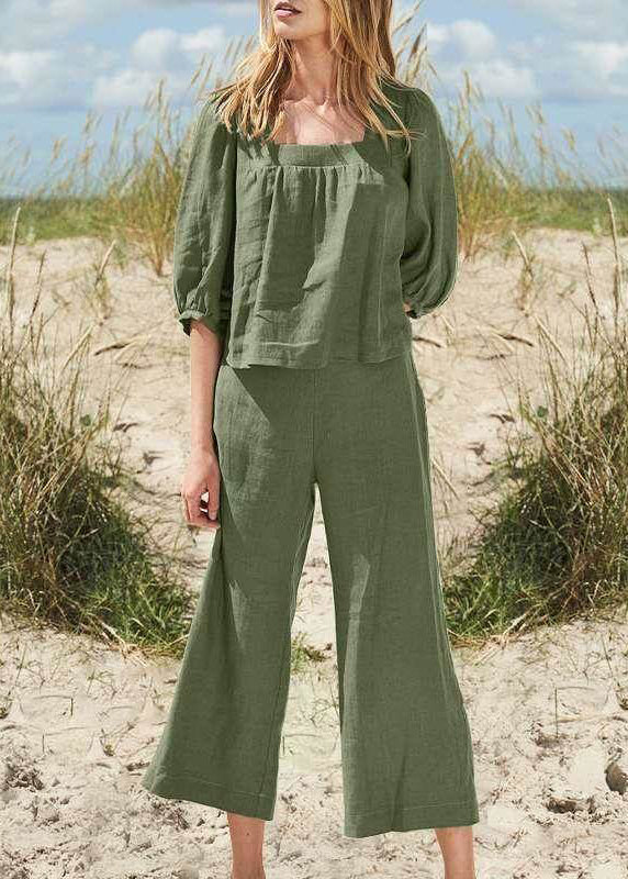 And Top Set Half Collar Pants Two Crop Khaki Square Style Pieces