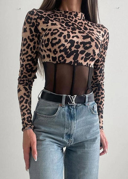 Bodysuit Patchwork Style Turtleneck Tulle Leopard