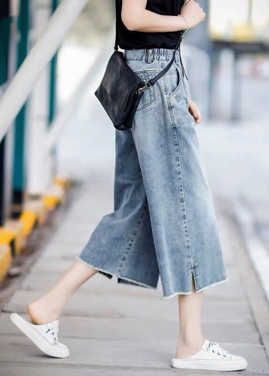 Crop Denim Style Elastic Trousers Blue Waist Light Pants Straight