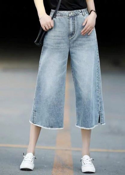 Crop Denim Style Elastic Trousers Blue Waist Light Pants Straight