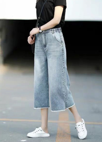 Crop Denim Style Elastic Trousers Blue Waist Light Pants Straight