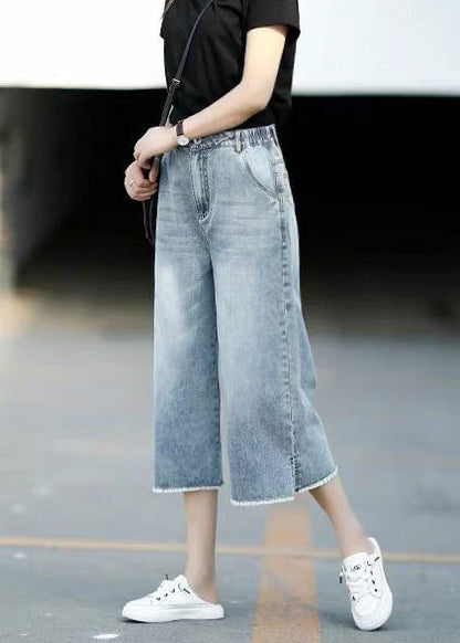 Crop Denim Style Elastic Trousers Blue Waist Light Pants Straight