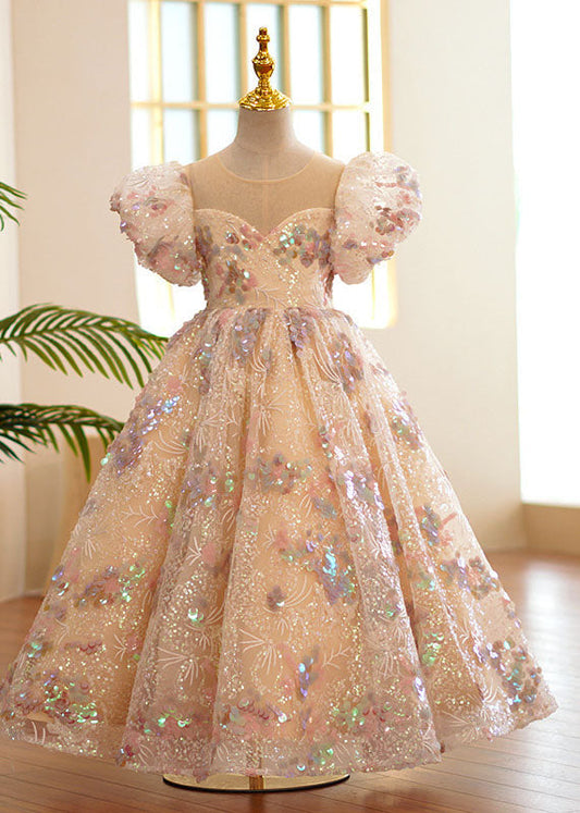 Style O-Neck Wrinkled Tulle Kids Long Dress Puff Sleeve YS004