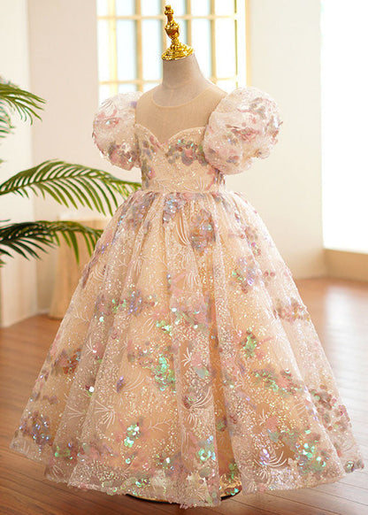 Style O-Neck Wrinkled Tulle Kids Long Dress Puff Sleeve YS004