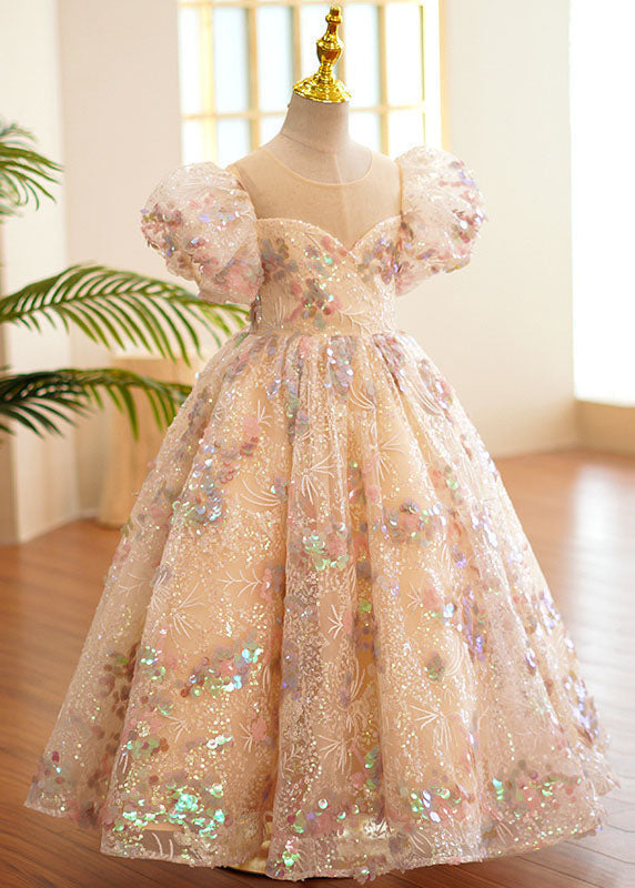 Style O-Neck Wrinkled Tulle Kids Long Dress Puff Sleeve YS004