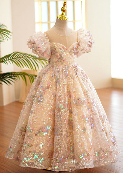 Style O-Neck Wrinkled Tulle Kids Long Dress Puff Sleeve YS004