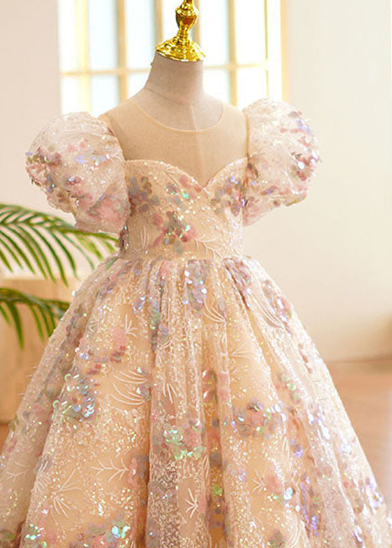 Style O-Neck Wrinkled Tulle Kids Long Dress Puff Sleeve YS004